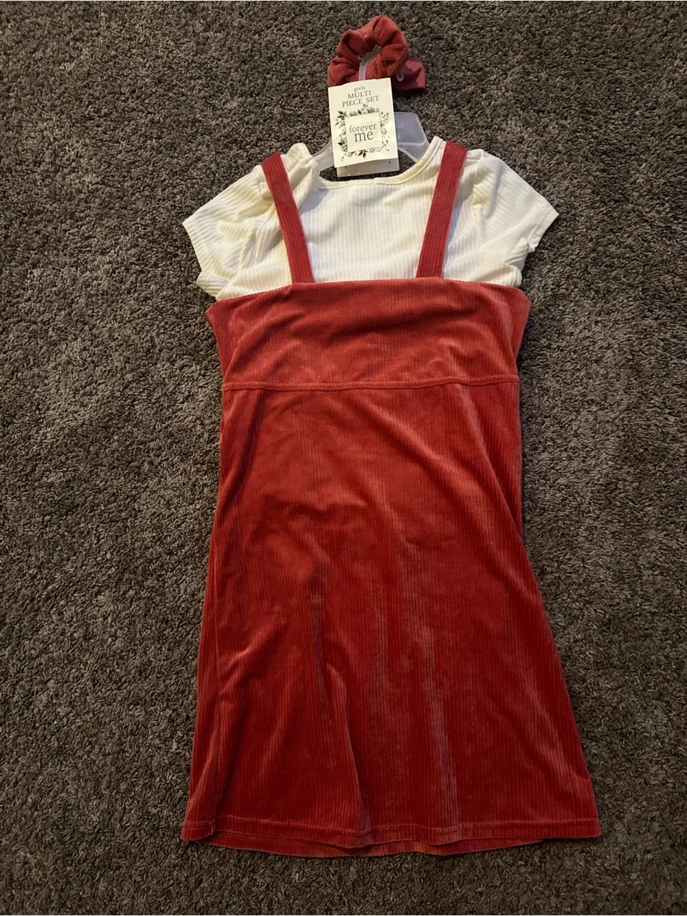 Forever Me Rust Corduroy Button-Front Pinafore Dress with Cream Tee